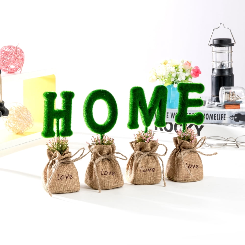 K-Cliffs 4pcs Artificial Plant Letters 7"  "HOME" Potted in Jute Sack,8L x 7.5W x 3H inches