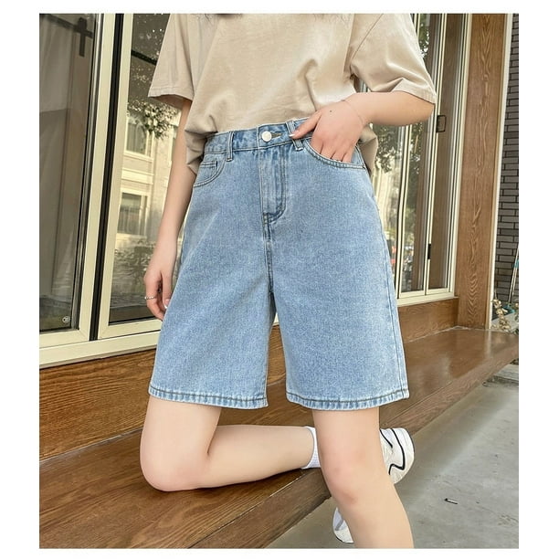 High Waisted Vintage Blue Wide Leg Denim Loose Short for Women Y2k fashion  Casual Straight Female Summer Jeans Shorts Black 