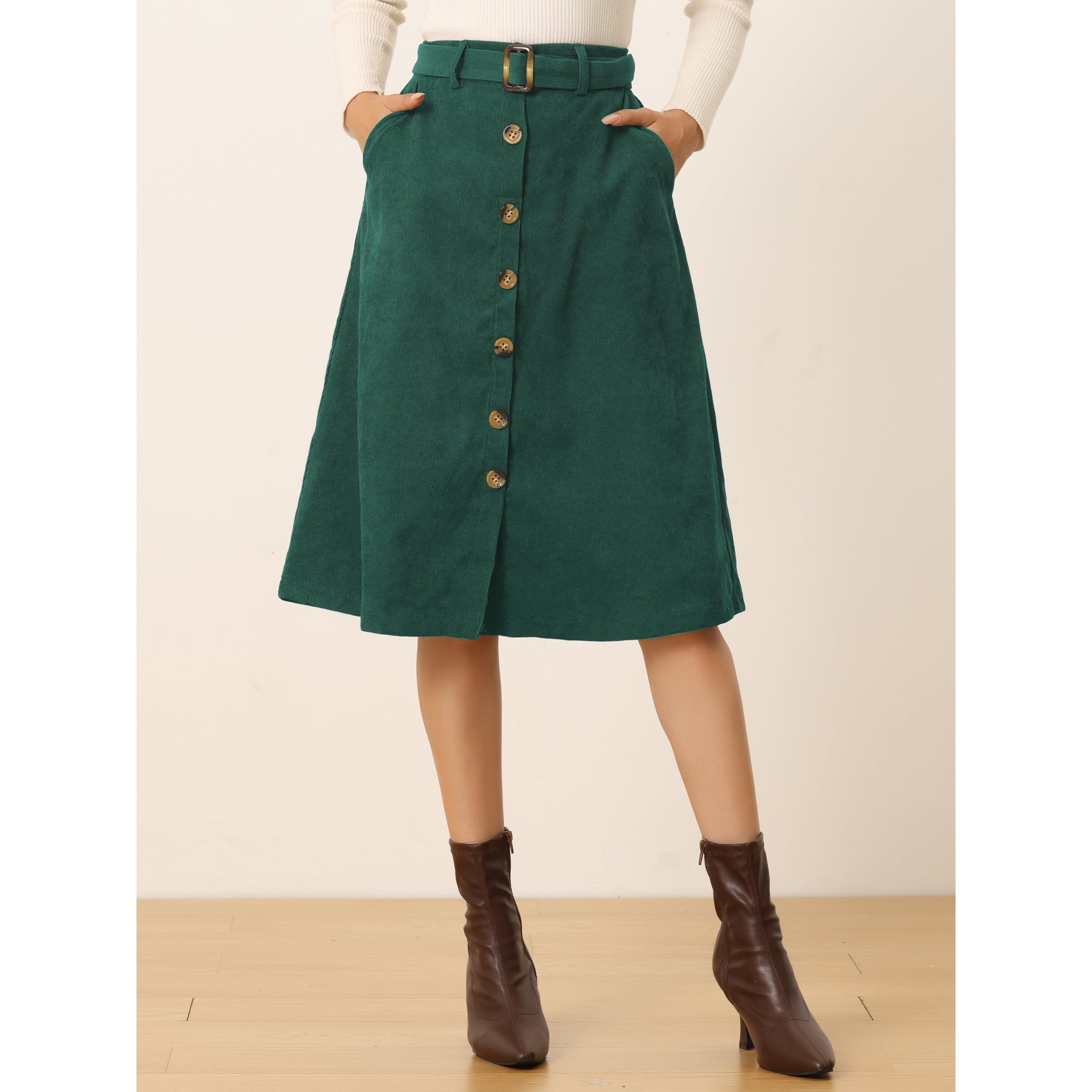 Unique Bargains Women's High Waist Midi Skirts A-Line Button Front