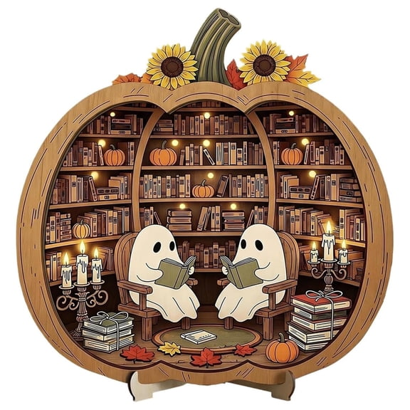 Enchanting Halloween Ghost Pumpkin Decor, Cozy Wooden Tabletop Ornament with Charming Scenes, Halloween Ghost Book Stack Decor Wooden Accent, Cute Signs Table Accent for Home Office Mante (#C)