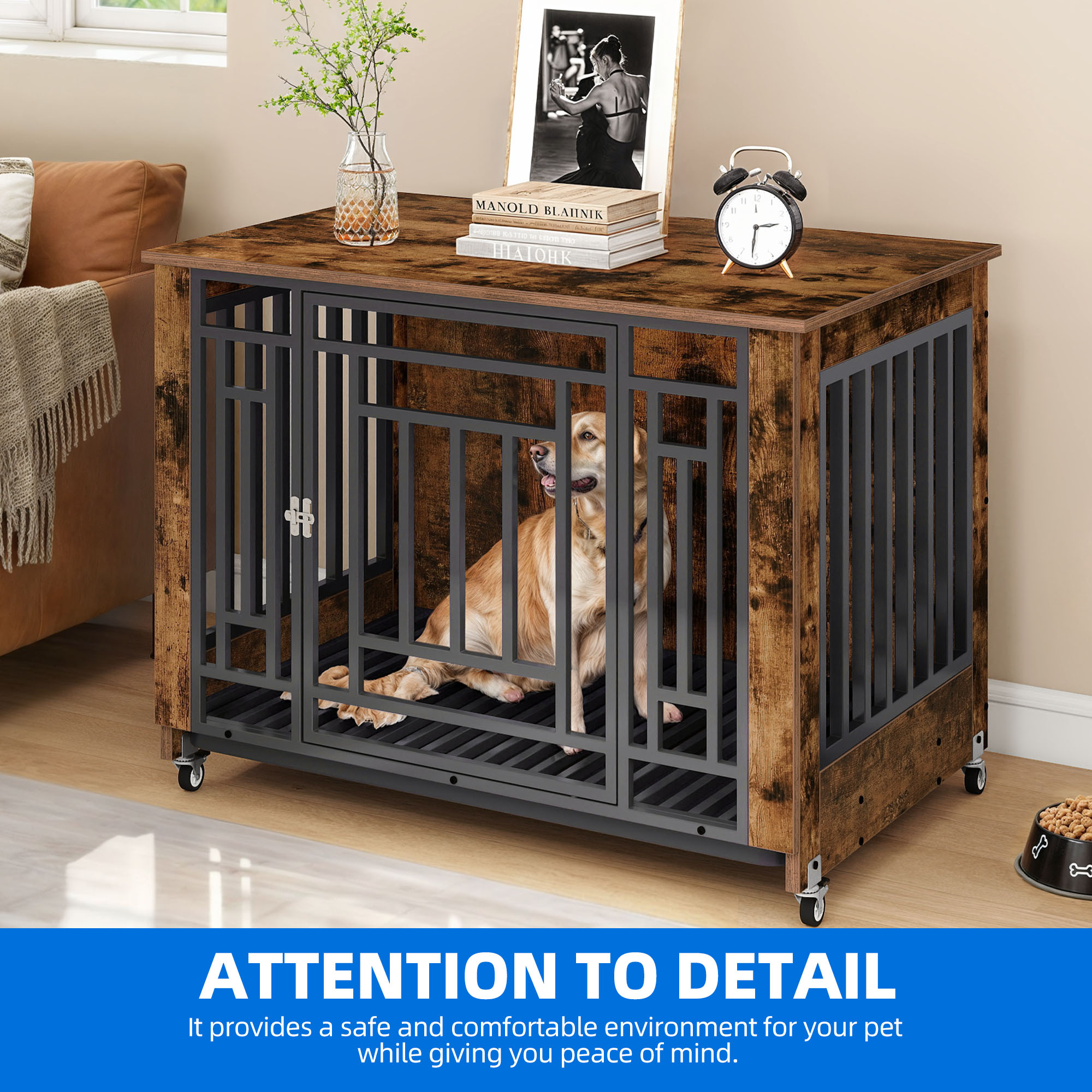 Dextrus 38.2 Inch Dog Crate Furniture with Wheels, Wooden Indoor Dog Kennel with Removable Tray End Table for Dogs