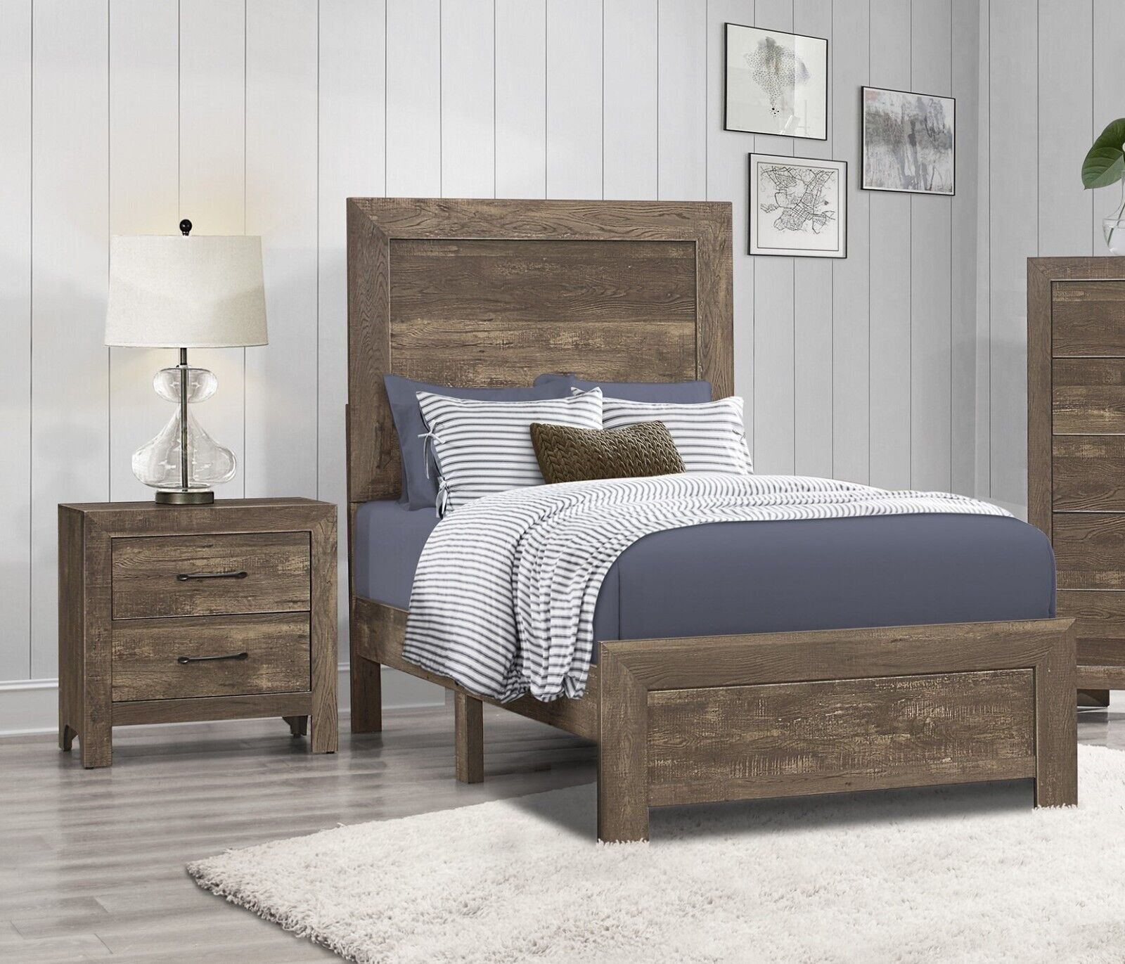 Rustic Brown Finish 3pc Bedroom Set Twin Size Bed 2x Nightstands Simple ...