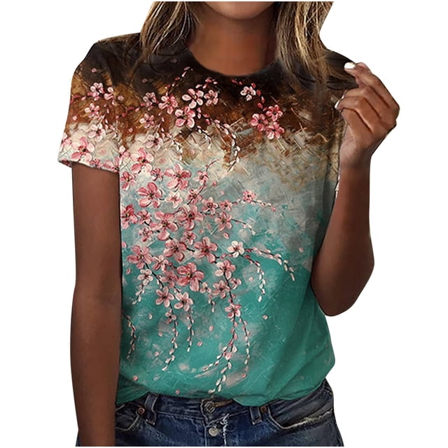 Mujeres moda verano Sexy pliegue impreso regular mujeres manga corta cuello redondo botón Top OAVQHLG3B Store lin121212