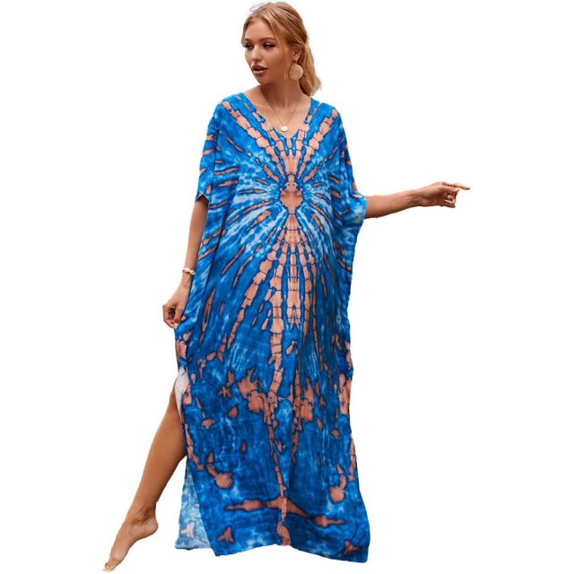 LinYooLi Swimsuit Coverup Women Beach Robe Print Long Blouse Plus Size Bikini Gown Holiday Dress