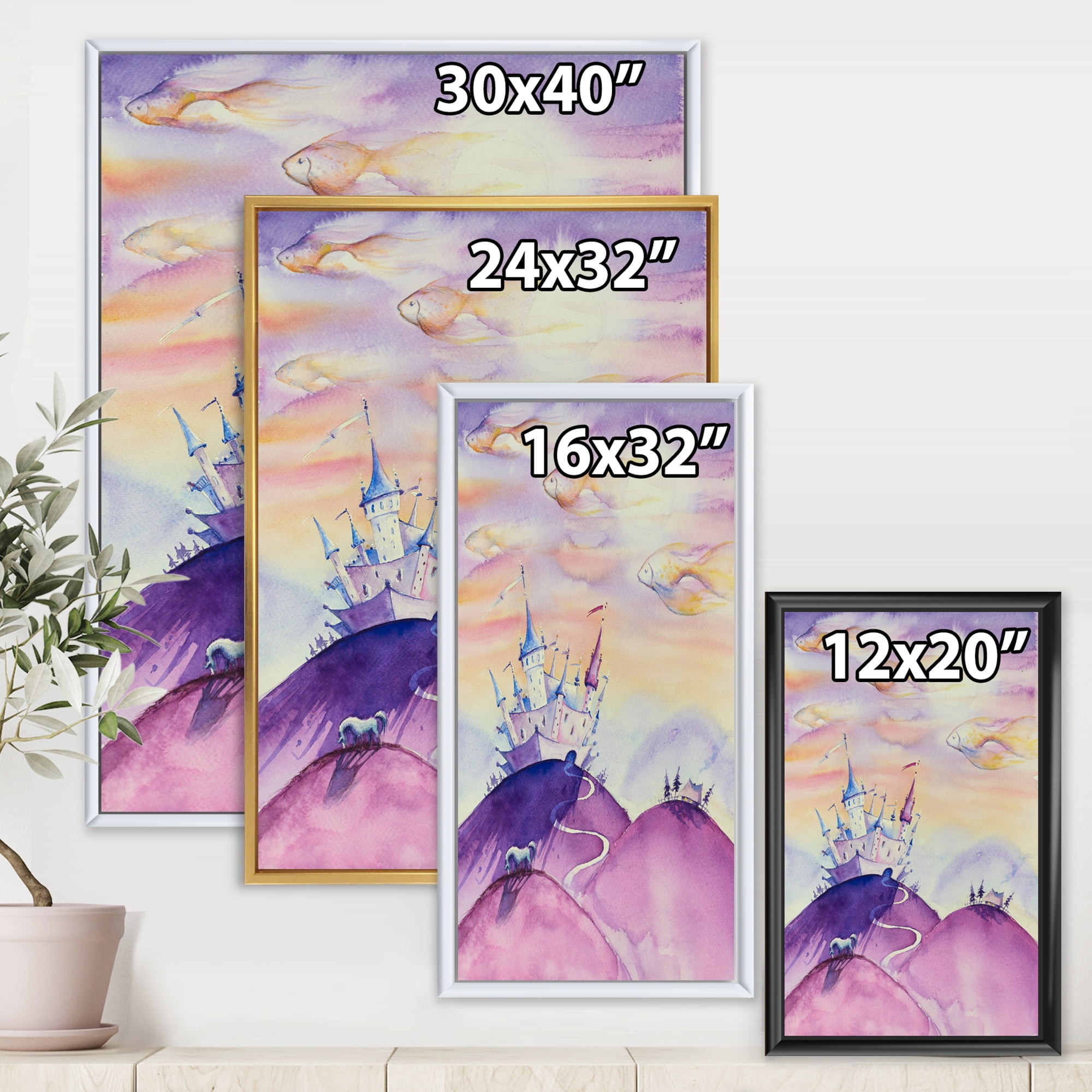 Designart 'Fairy Tale Kingdom Palace On Purple Mountain Top' Children's Art Framed Canvas Wall Art Print