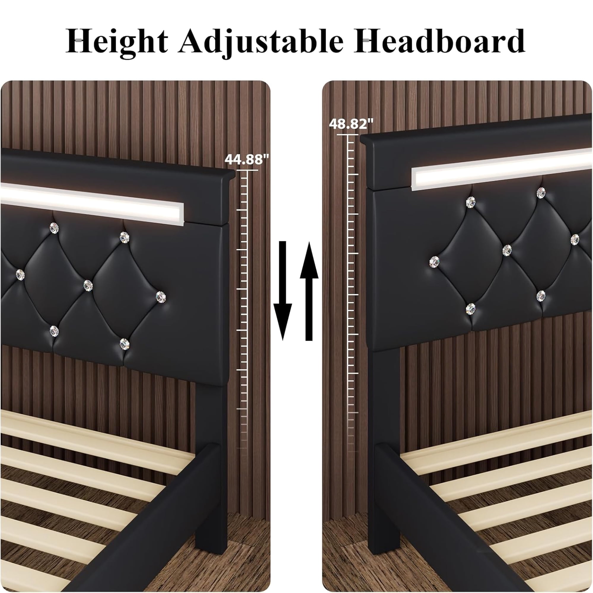 Gewnee Queen Size Platform Bed Frame,LED Bed Frame with Charging Station & Crystal Button Adjustable Headboard,Modern Faux Leather Bed for Bedroom,No Box Spring.Black