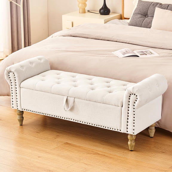 Tufted Faux Linen Beige Storage Bench with Nailhead Trim and Rolled Arms