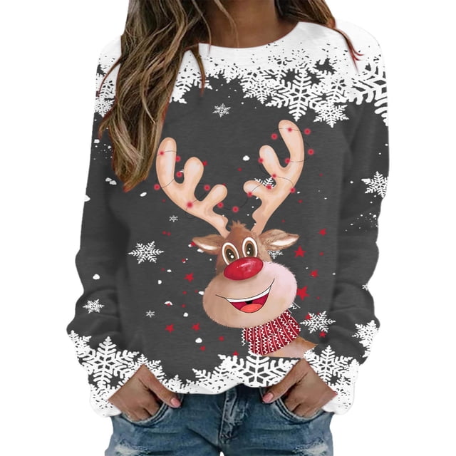 toraway Sweat à Capuche pour Femmes Imprimé de Cerf de Noël Col Rond Sweat à Capuche Ample et Décontracté S