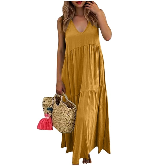 ZHYou Maxi Dresses for Women Linen V Neck Halter Tiered Flowy Loose Casual Sleeveless Long Oversized Dresses,Yellow,Size 2XL