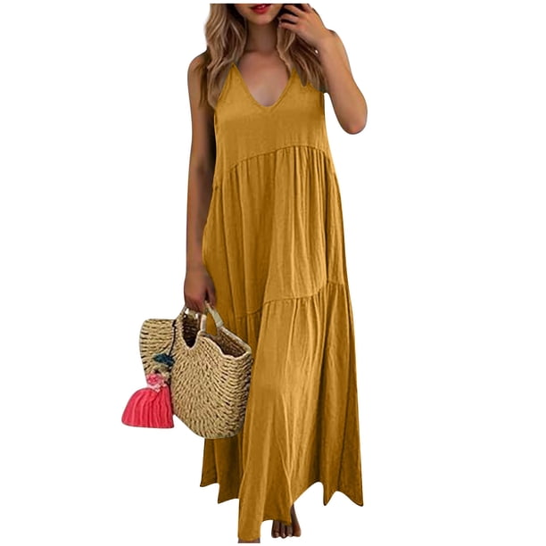 Faldas Largas para Mujeres de Verano Color Sólido Falda con Cuello en V con Falda Plegada Vestido de Bolsillo Falda Larga de Playa
