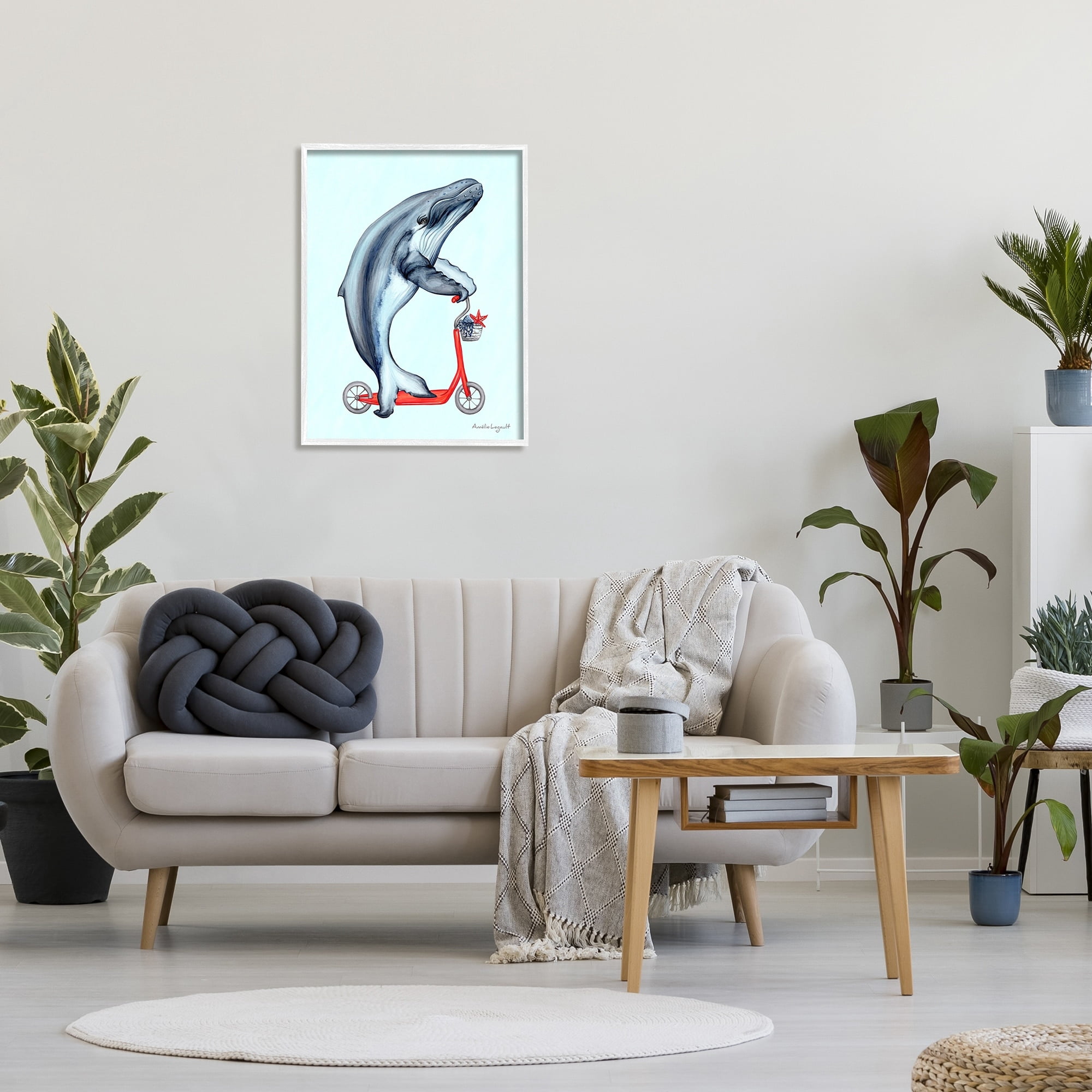 Stupell Industries Whale Riding Red Scooter Marine Sea Life Graphic Art White Framed Art Print Wall Art, Design by Amelie Legault