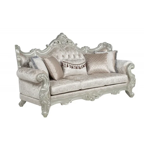 Luxurious Living Room Sofa with Pillows, Champagne Fabric Upholstered Sofa Couch, Rolled Armrest Wood Carvings