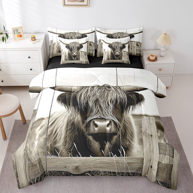 Erosebridal Literie Vache des Highlands Grand Lit, Ensemble de Literie Faune Grand Lit, Déco Rustique de Ferme, Réversible 7 Pcs