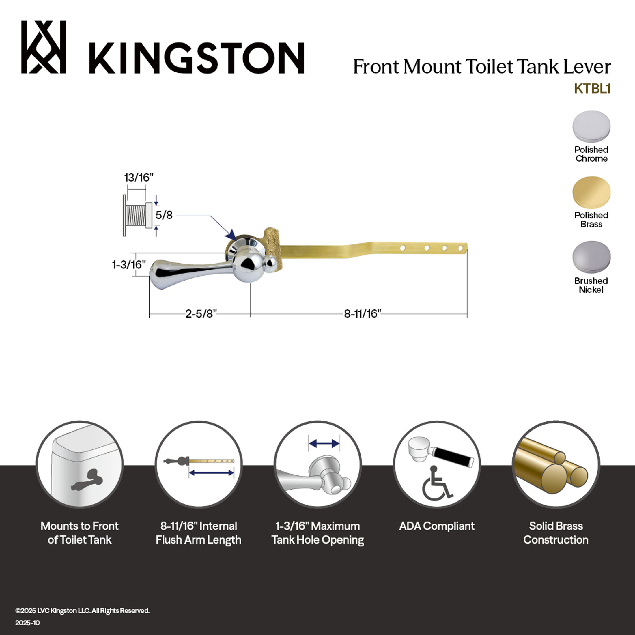 Kingston Brass KTBL2 Buckingham Front Mount Toilet Tank Lever, Left/Right Installation in Polished Brass