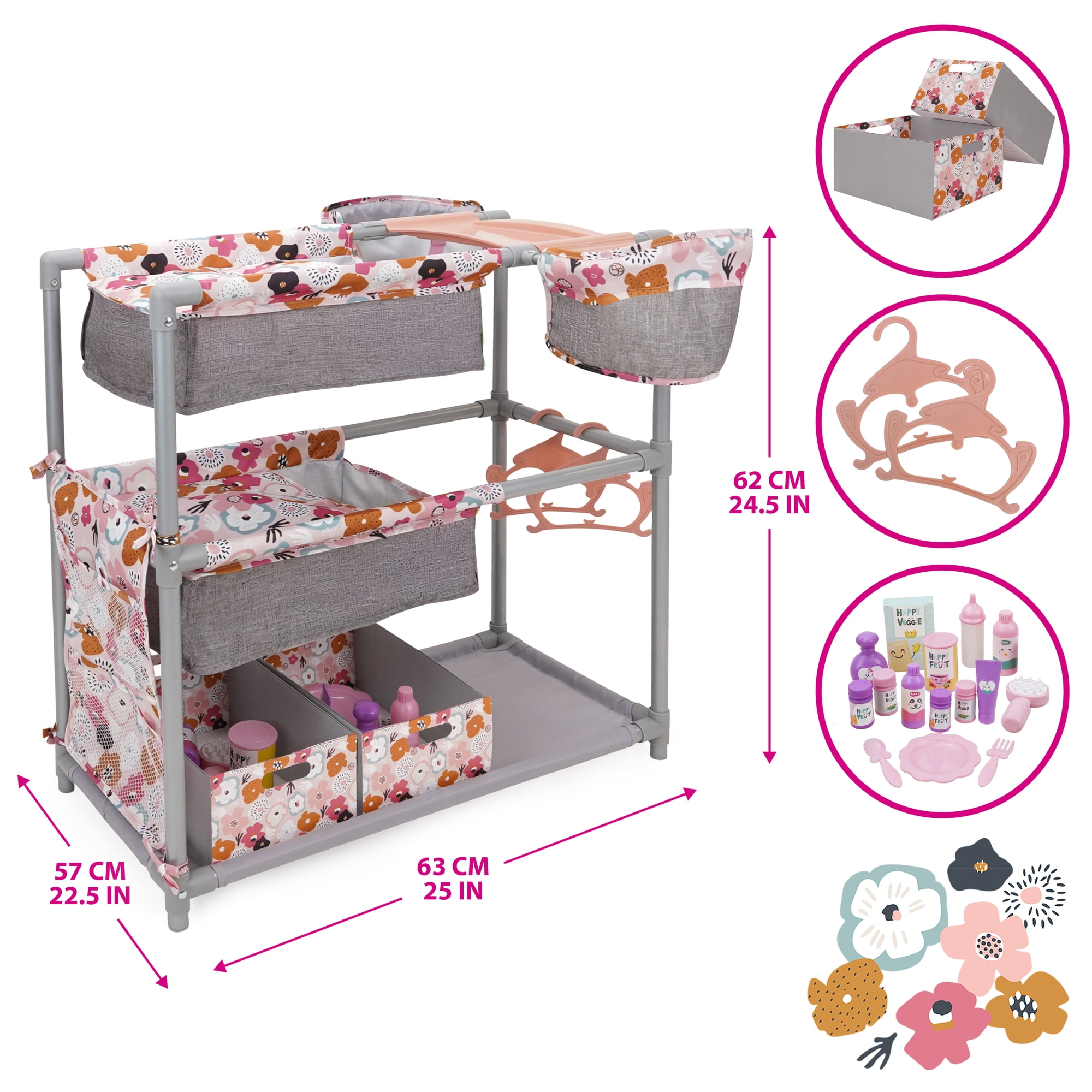509 Crew: Melange Flora - Twin Center & Accessories Set - Gray-Pink-Flower, Bunk Bed Highchair Station, 15 Feeding-Grooming Accessory Toys, Kids 3+
