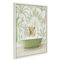 Kate and Laurel Sylvie Lion Cub in Wild Safari Bath Framed Canvas Wall Art by Amy Peterson Art Studio, 18x24 White, Cute Animal Bathtub Art for Wall