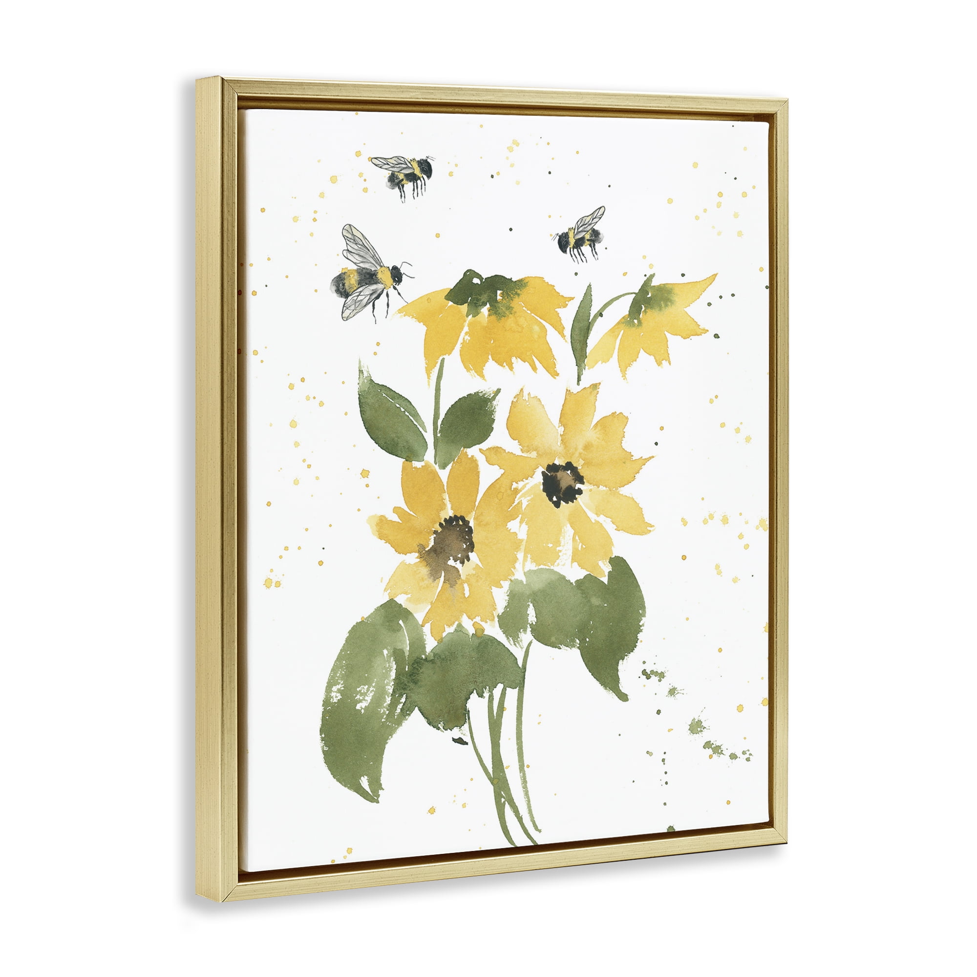 Stupell Industries Bumble Bees & Daisies Botanical & Floral Painting Gold Floater Framed Art Print Wall Art, 25 x 31