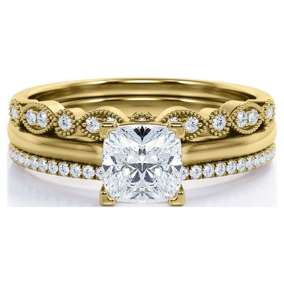 JeenMata Juego de Anillos de Boda Estilo Princesa de 2 Quilates - Juego de Novia - Juego de Trío de Boda - Anillo de Compromiso - Anillo Art Déco - Anillo de Promesa - Plata Esterlina