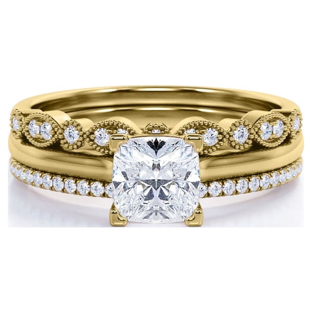 JeenMata Juego de Anillos de Boda Estilo Princesa de 2 Quilates - Juego de Novia - Juego de Trío de Boda - Anillo de Compromiso - Anillo Art Déco - Anillo de Promesa - Plata Esterlina