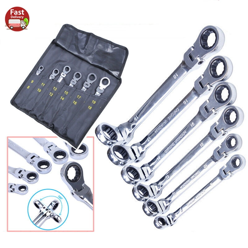 6 PCS Double Box End Metric Ratcheting Wrench Flex-Head Heavy Duty Spanner Set 