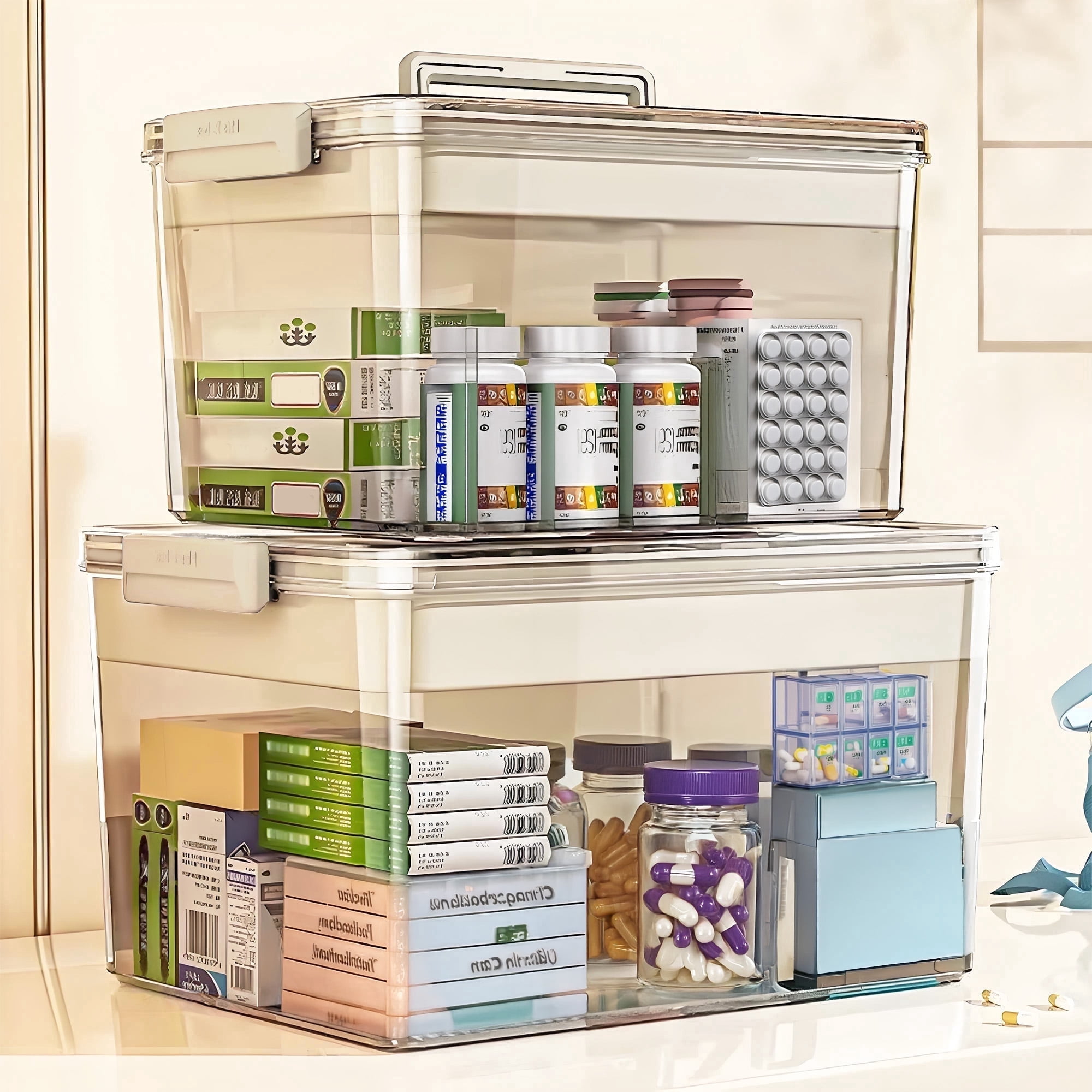 Storvive 2 Pack Medicine Storage Box with Handle, Clear Double-Layer Large Capacity Medical Storage Bins with Lid for Family Home, Travel