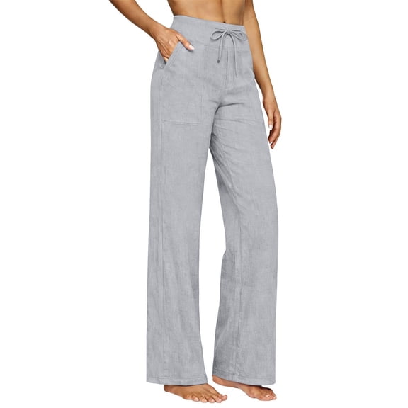 RQYYD Linen Pants for Women High Waist Drawstring Straight Leg Casual Summer Daily Pant with Patch Pockets