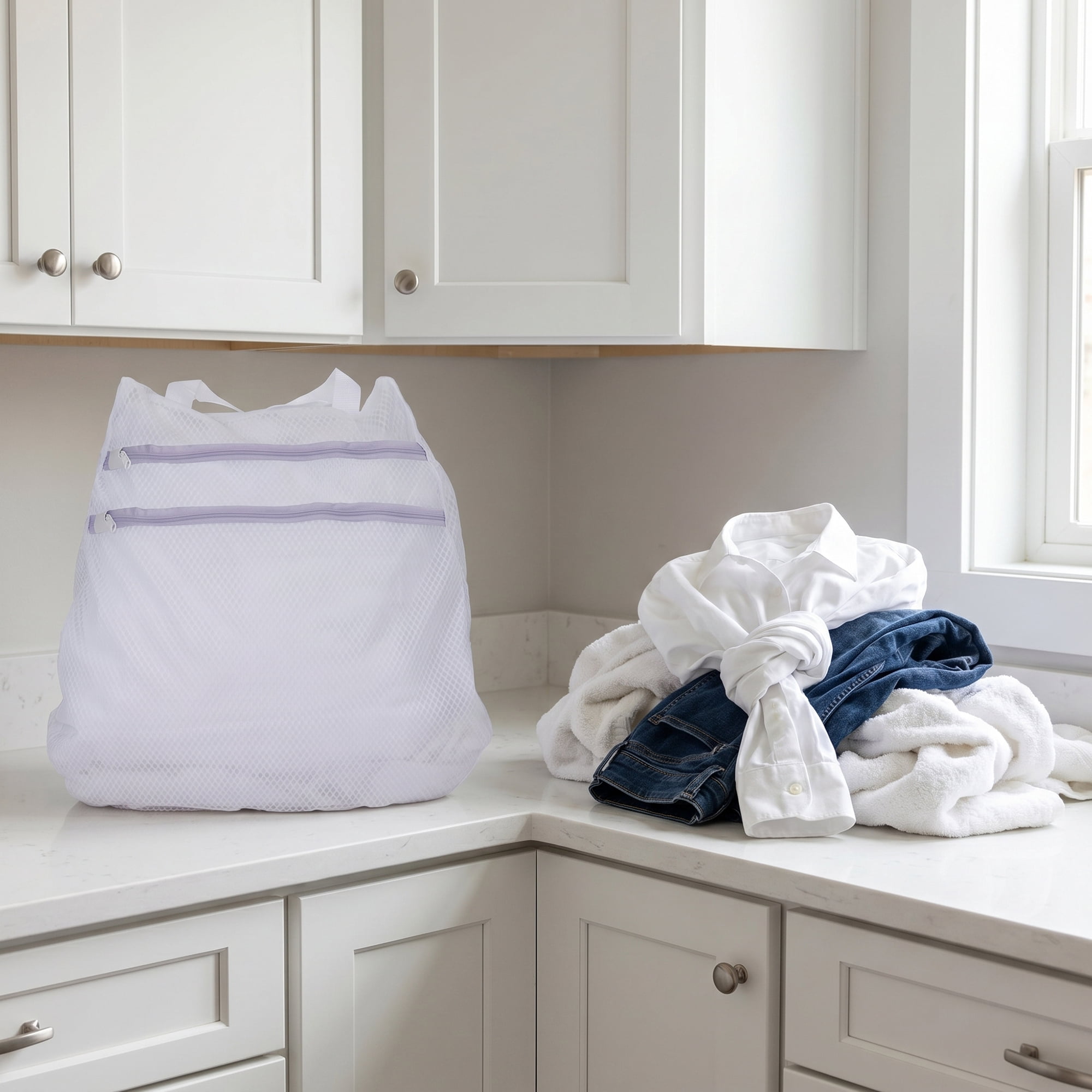 Unique Bargains 2 Pcs Mesh Laundry Bags, Durable Zipper Closure White-Purple 15.7"x15.7"