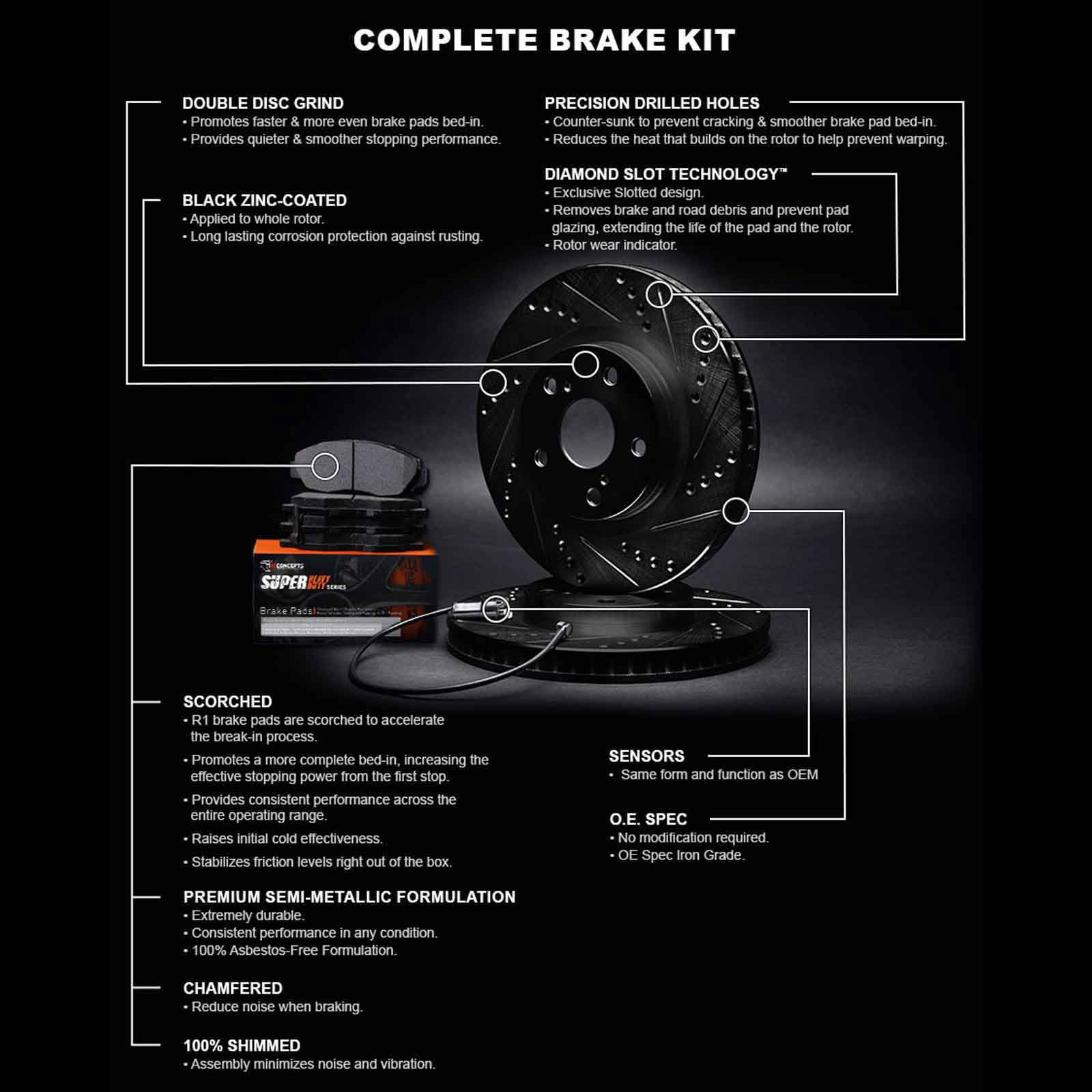 R1 Concepts Rear Brakes and Rotors Kit |Rear Brake Pads| Brake Rotors and Pads| Super Duty Brake Pads and Rotors |Sensor WHXC1-40001