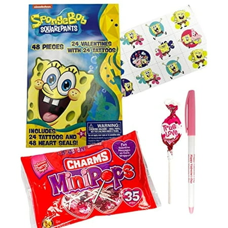 Spongebob Squarepants Valentines Cards and Tattoos with Charms Mini Lollipops, Heart Seal Stickers and Happy Valentine's Day Pen Classroom Exchange Bundle for 24 Kids