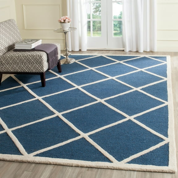SAFAVIEH Cambridge Kennedy Geometric Diamonds Wool Area Rug, Navy/Ivory, 6' x 6' Square
