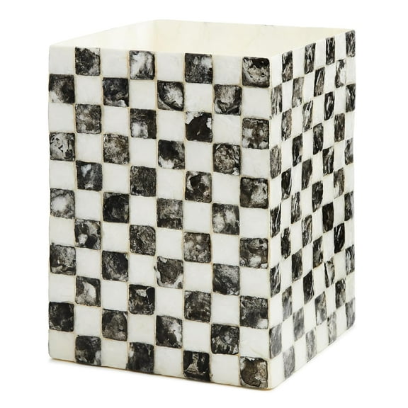 Capiz Waste Bin, Decorative Black-and-White Courtly Check Trash Can for Bathroom and Bedroom