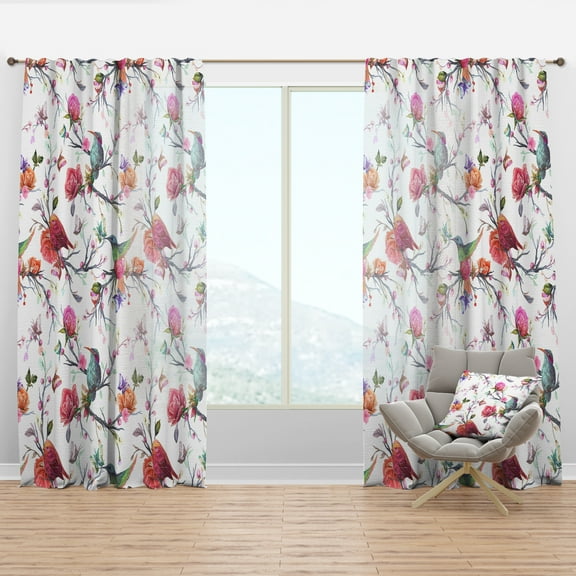 Designart 'Vintage Pattern: Flowers, Bird, Leaves' Farmhouse Curtain Panel