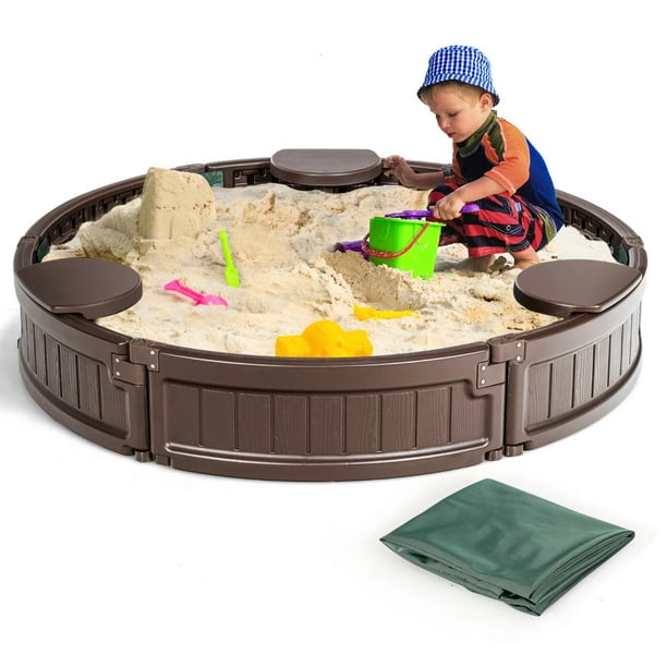 Costway Arenero Redondo 120 cm para 4 Niños Kit Arenero de Exterior con Cobertura Impermeable Asientos para Patio Playa Marrón