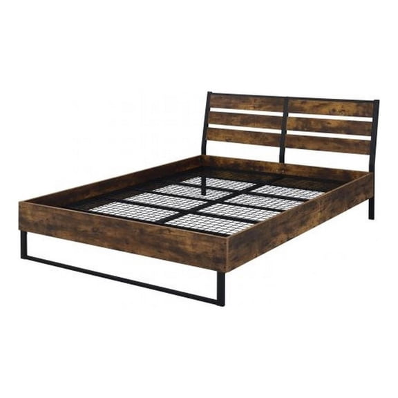 Benjara Eastern King Bed with Panel Headboard and Metal Slats- Brown and Black