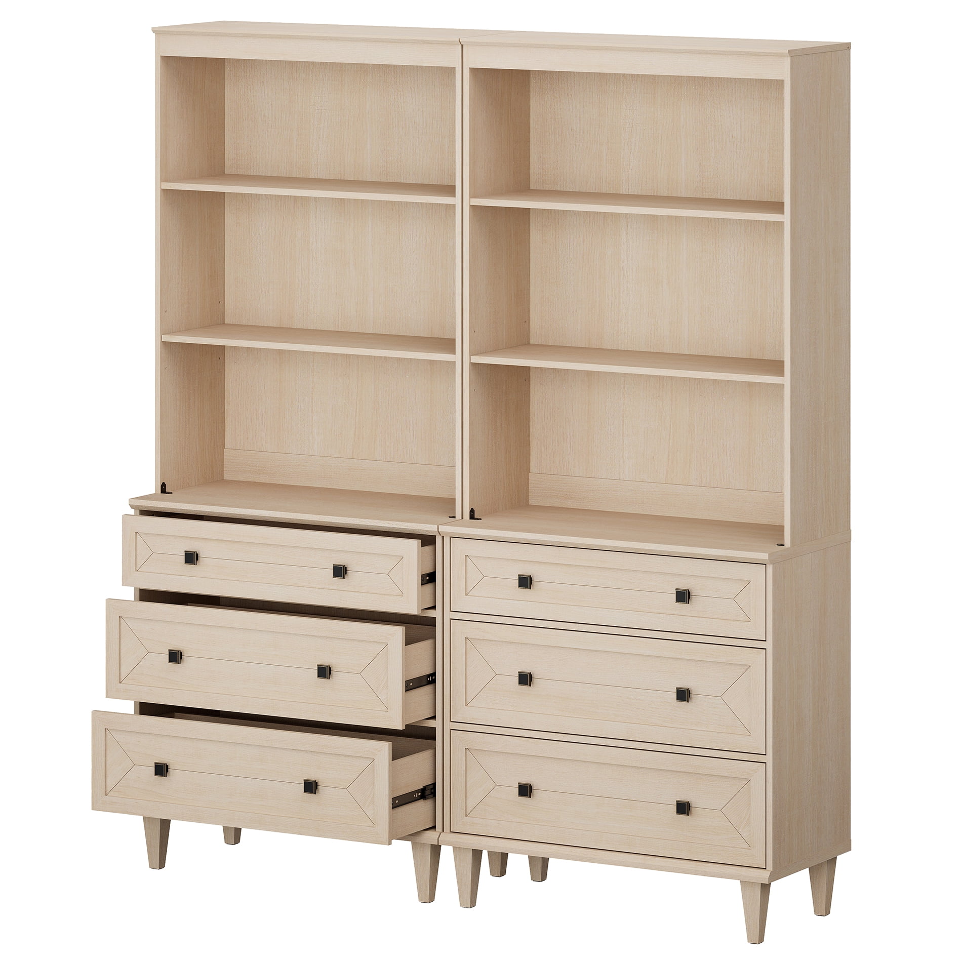 WAMPAT Handmade Patchwork 63" Wide Tall Bookshelf with Drawers, Beige