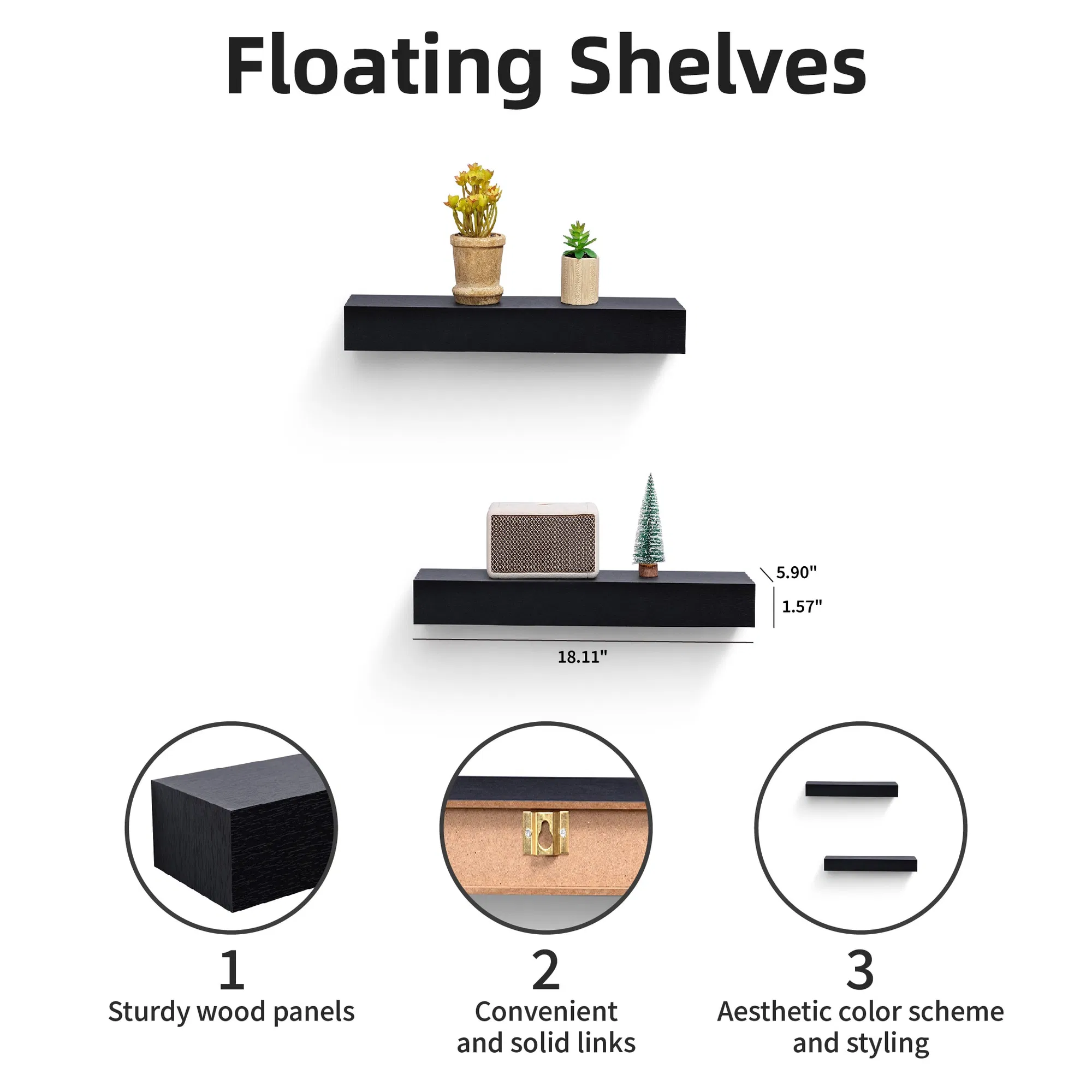 18.11'' Floating Wall Shelves with Built-in LED Lighting, Black MDF Storage Shelf with Invisible Brackets for Bathroom, Bedroom, Living Room, Kitchen