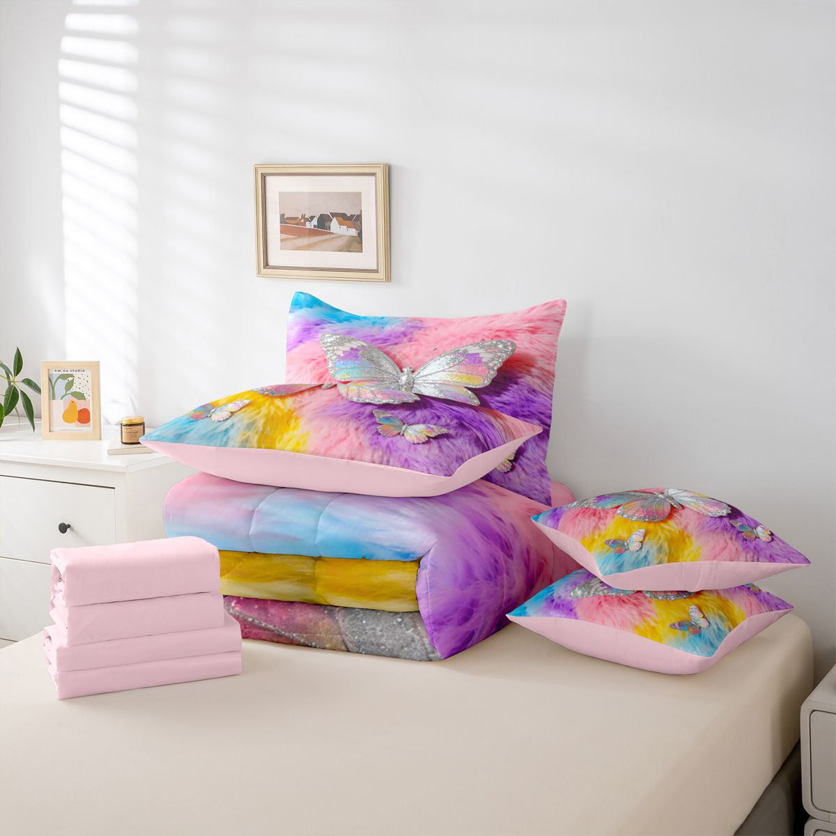 Homewish Colorful Butterfly 7pcs Bedding Comforter Set,Multicolor Glitter Print Queen Bedding Sets,Pink Purple Blue Queen Sheet Sets For Girls,Microfiber Bedroom Decor Reversible