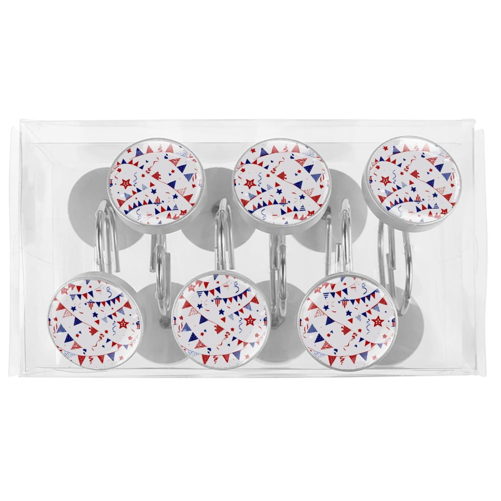 12pcs Decorative Shower Curtain Hooks, Rust Resistant Shower Rings for Bathroom Living Room,Rustproof Stainless Steel Rings for Shower Curtain and Liner Rods,4th of July Flags