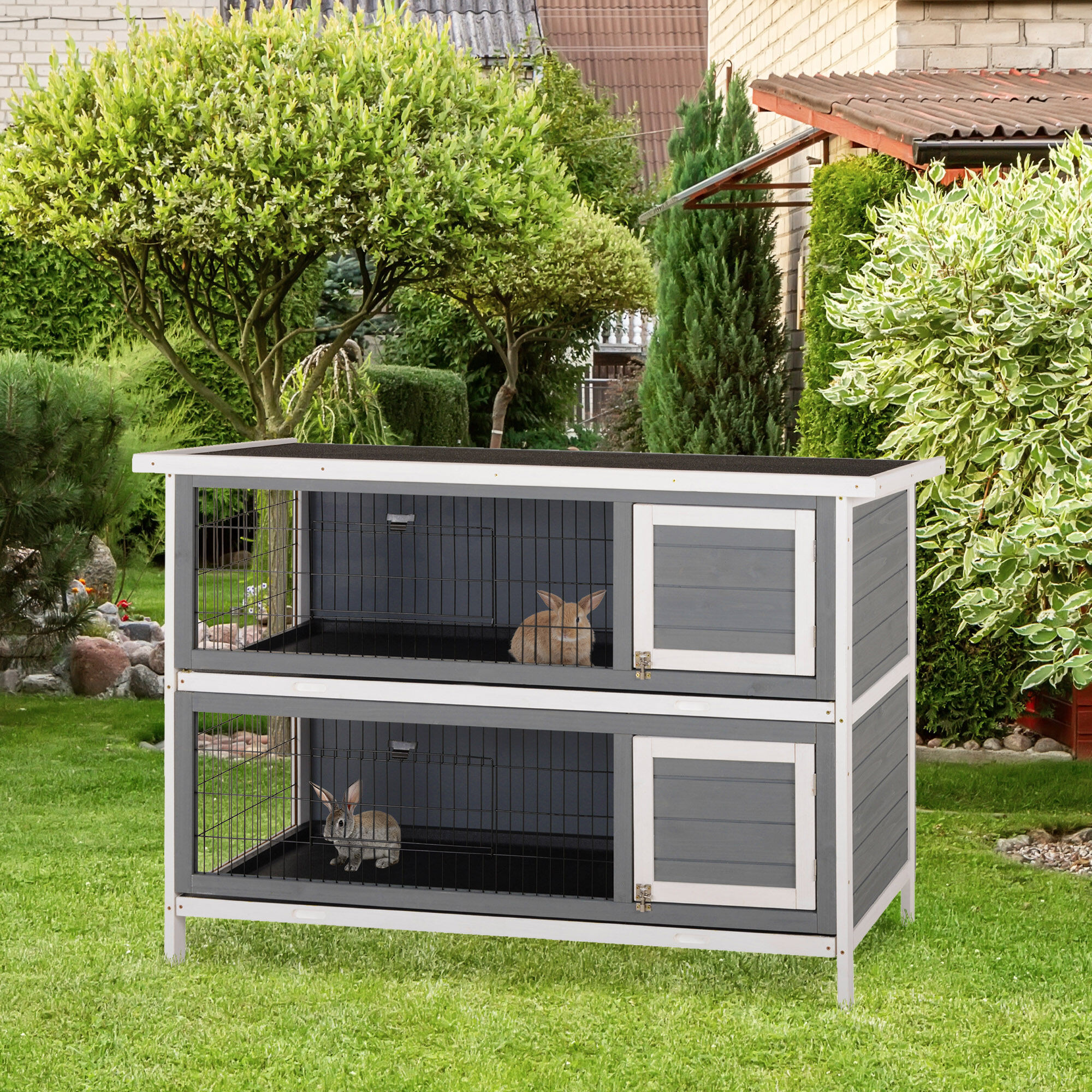 54" 2-Story Rabbit Hutch with Waterproof Roof, Large Outdoor/Indoor Bunny Cage with Lockable Doors & No-Leak Tray - Dark Grey Wooden Pet House