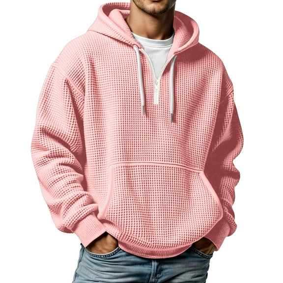 XIAOCHA Men Hoodies Waffle Knit Drawstring Quarter Zip Pullover Hooded Sweatshirt Kangaroo Pocket Long Sleeve Oversized Hoodie Sport Top [