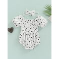 thumbnail image 4 of Arvbitana 0-24 Months Baby Girl Summer Newborn Infant Heart Print Romper Lace Collar Puff Sleeve Ruched Bodysuit Jumpsuit Headband, 4 of 9