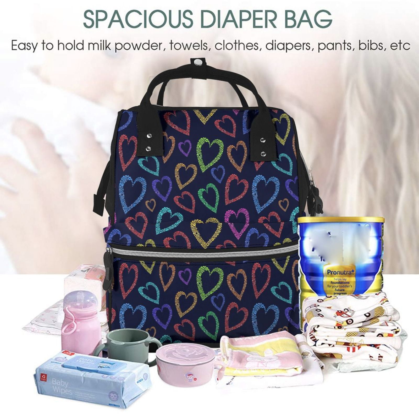 Ratiio Colored Hearts Mummy Backpack - Waterproof Twill Canvas, Large Capacity Diaper Bag with Multiple Pockets and Adjustable Straps