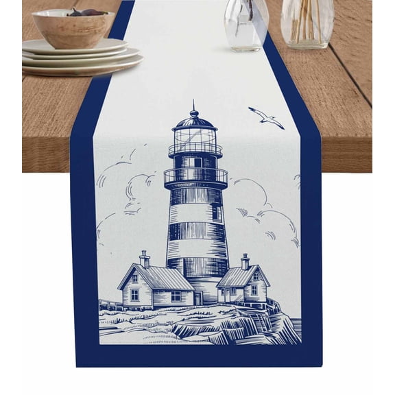 Lighthouse Burlap Cotton Table Runner 13x48 Inches Long, Ocean Seagull Vintage Navy Blue Coastal Boat Farmhouse Table Runners, Outdoor Dining Tablecloths Decor for Baby Shower/Party/Wedding