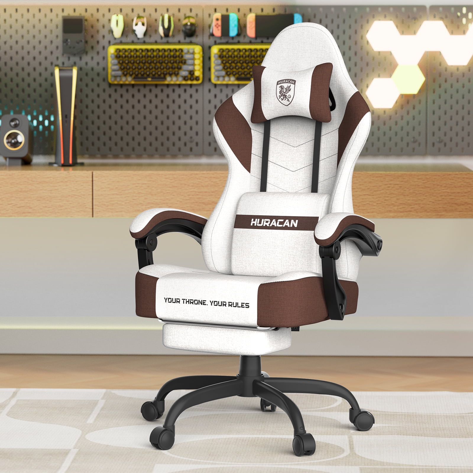 SOONTRANS Gaming Chair for Adults, Ergonomic Linen Fabric Computer Chair with Massage Lumbar Pillow, Gamer Game Chair with Adjustable Headrest, Comfortable Office Chair for Home, Beige and Brown