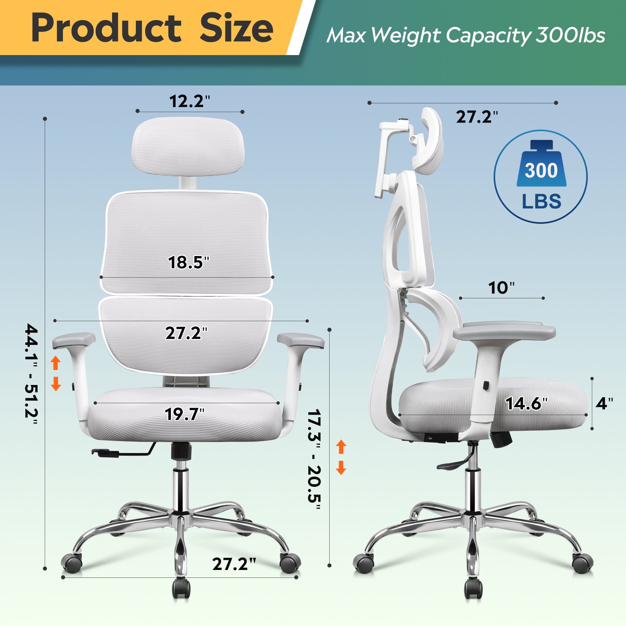 GALAXHERO Big and Tall Ergonomic Office Chair, Reclining Desk Chair for Long Hours with Adjustable Armrests & Lumbar Support, Breathable Mesh, White