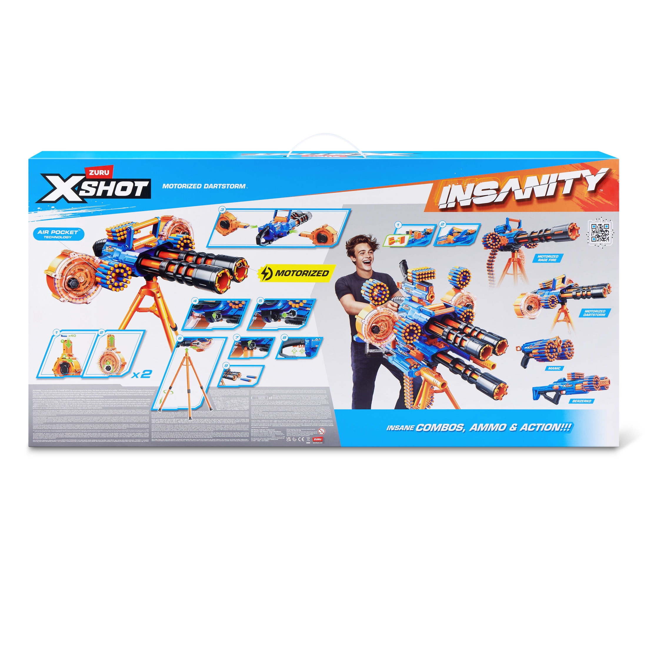 XSHOT Insanity Dart Storm by ZURU Motorized Outdoor Blaster with 200 Air Pocket Darts, Dual Motors and Spinning Barrels, Tripod for Ages 8+