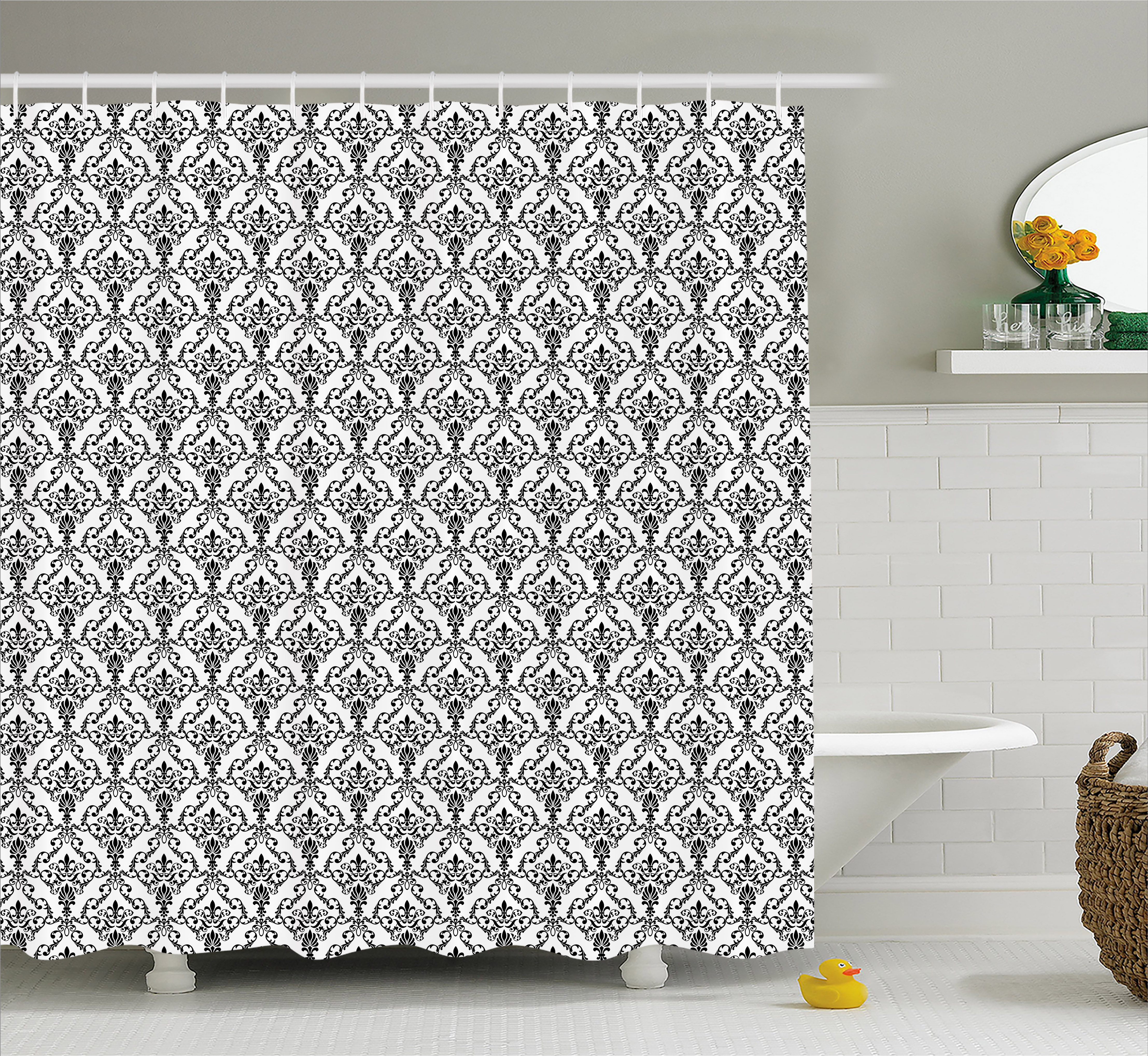 Damask Shower Curtain, Monochrome Surreal Foliage Pattern with Cool
