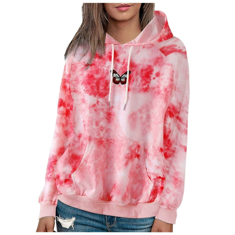 Baberdicy Sweatshirt for Women Women s Casual Tie Dye Butterfly Printing Long Sleeve Blouse Hooded Sweater Girl Coat Pink