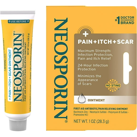 Neosporin First Aid Antibiotic Pain-Relieving, Anti-Itch, & Scar Ointment with Neomycin, Bacitracin Zinc, Pramoxine HCl & Polymyxin B, for Minor Cuts, Scrapes & Burns, 1 oz