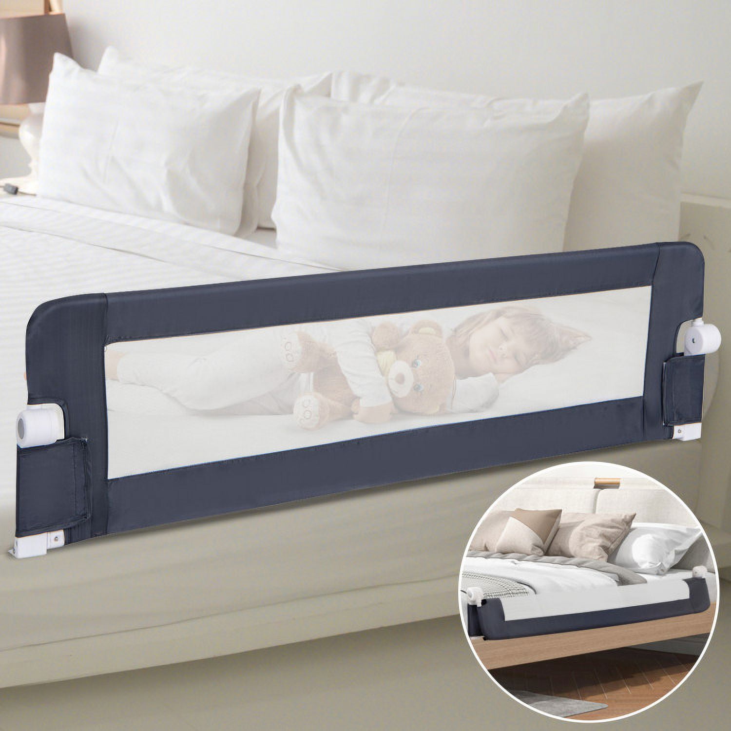 Spaco 60-Inch Foldable Bed Rail Swing Down Baby Bed Guard Rail with Adjustable Safety Strap-Grey, Bed Rail for Queen, King, Twin, and Bunk Size Beds